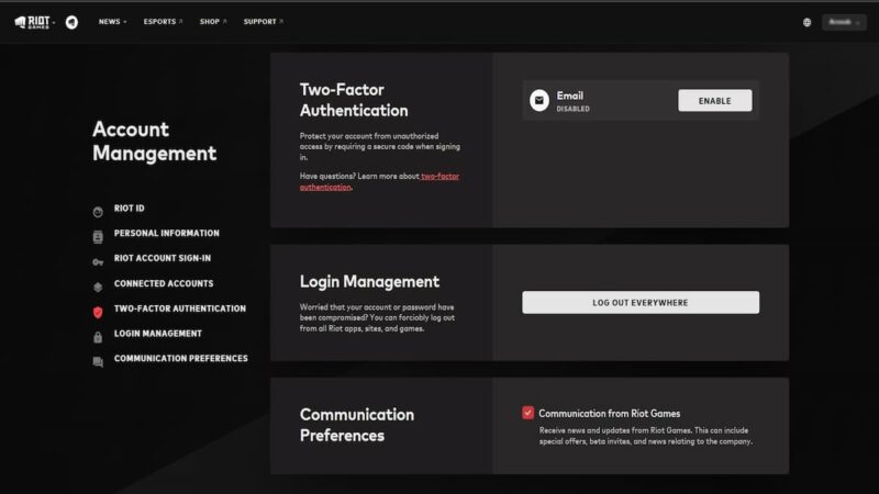 Valorant 2FA AccounValorant 2FA Account Paget Management Page (Image Credits: Riot Games)