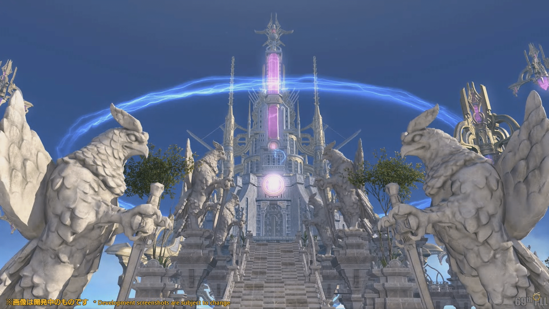 Get ready to face Eorzea's Twelve in Final Fantasy XIV's new raid. Myths of the Realm appears to be a giant marble castle with a glowing, central purple spire.