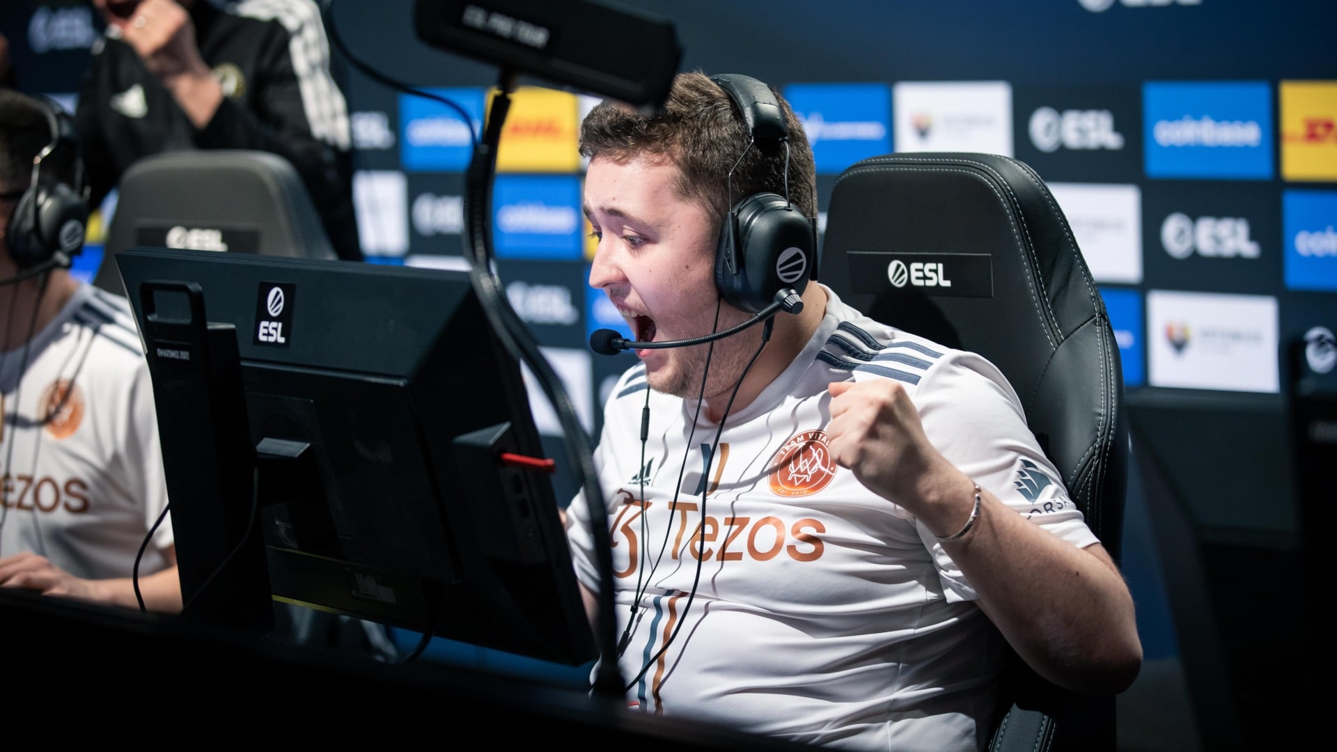 Mathieu "ZywOo" Herbaut celebrating while sitting in front of the monitor