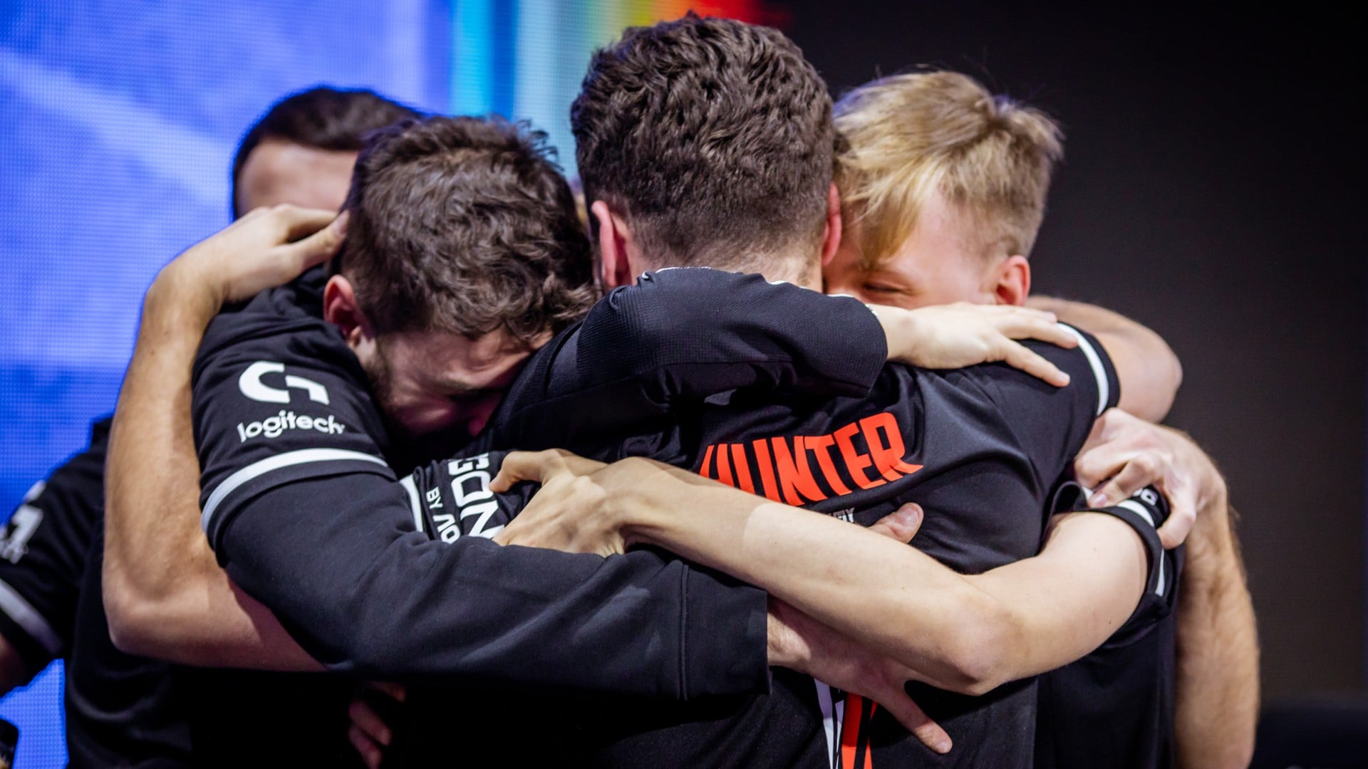 G2 Esports players grouping together. Showing Team spirit and support for each other. 