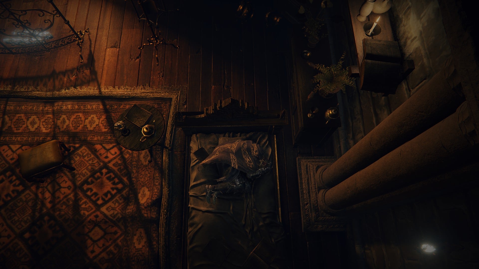 A character in FromSoftware's Elden Ring rests inside a spartan room