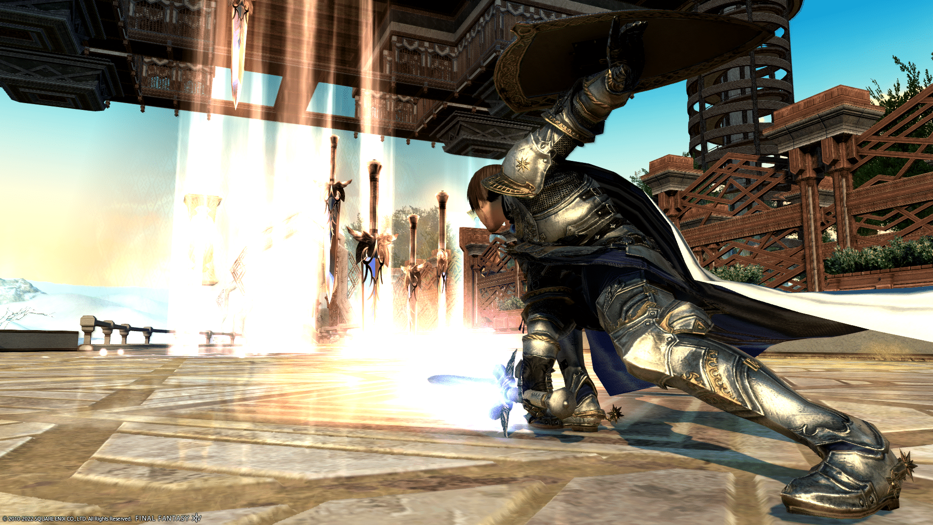 A Paladin performs an AOE attack with his sword in Final Fantasy XIV
