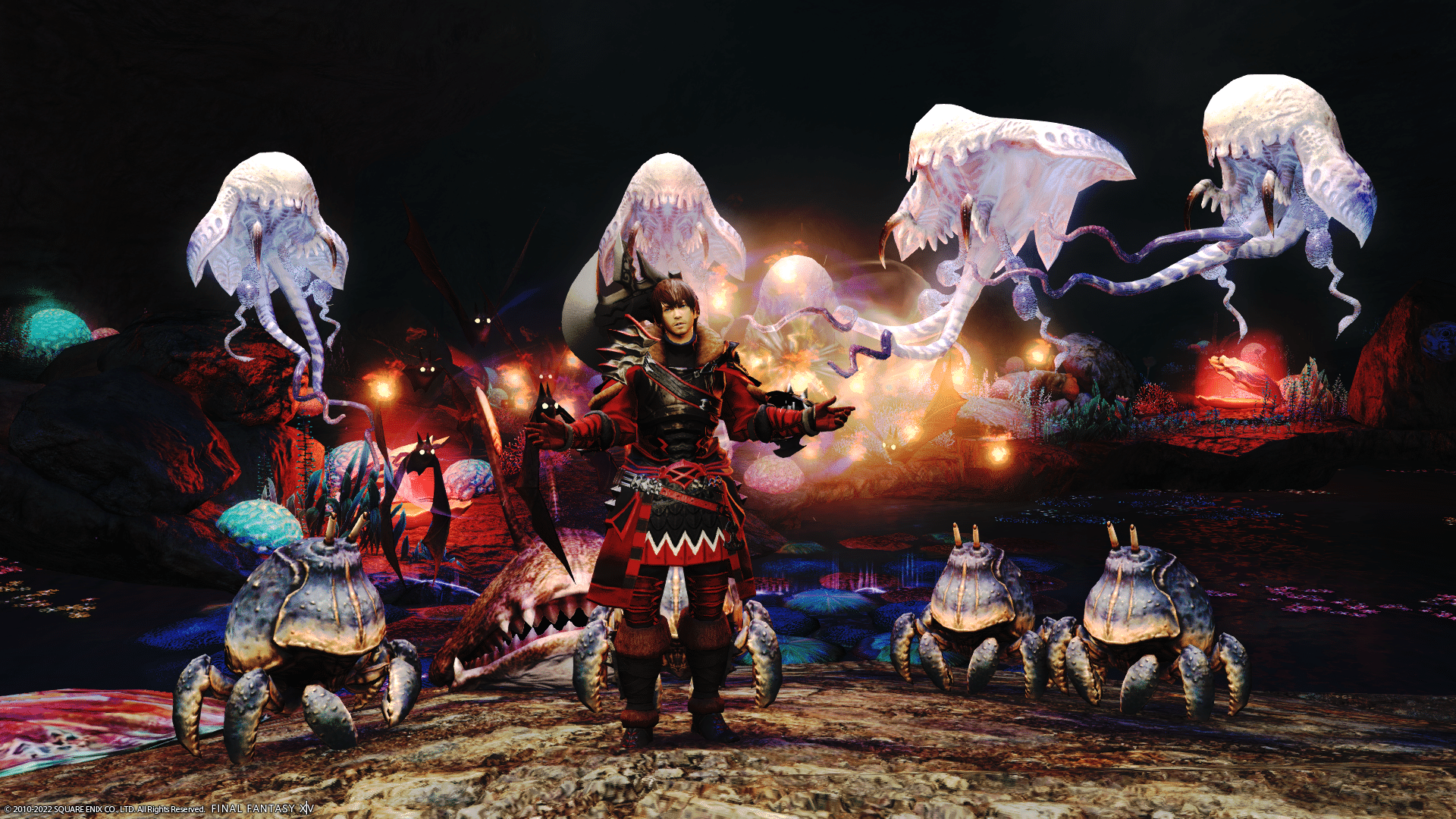 A Warrior stands amidst underwater beasts in the Final Fantasy XIV dungeon, Satasha