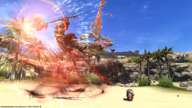 A Warrior performs one of their overpowering attacks in Final Fantasy XIV