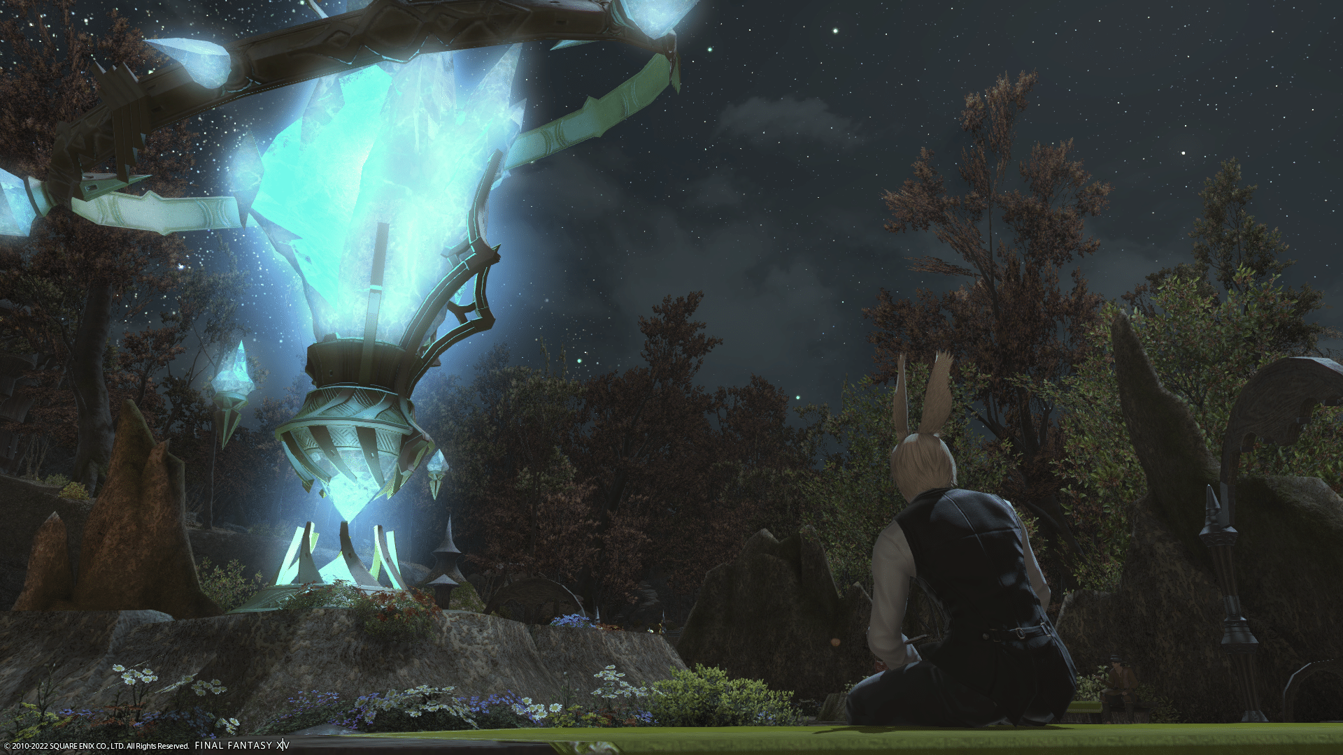 A male viera sits at an aetheryte in Final Fantasy XIV