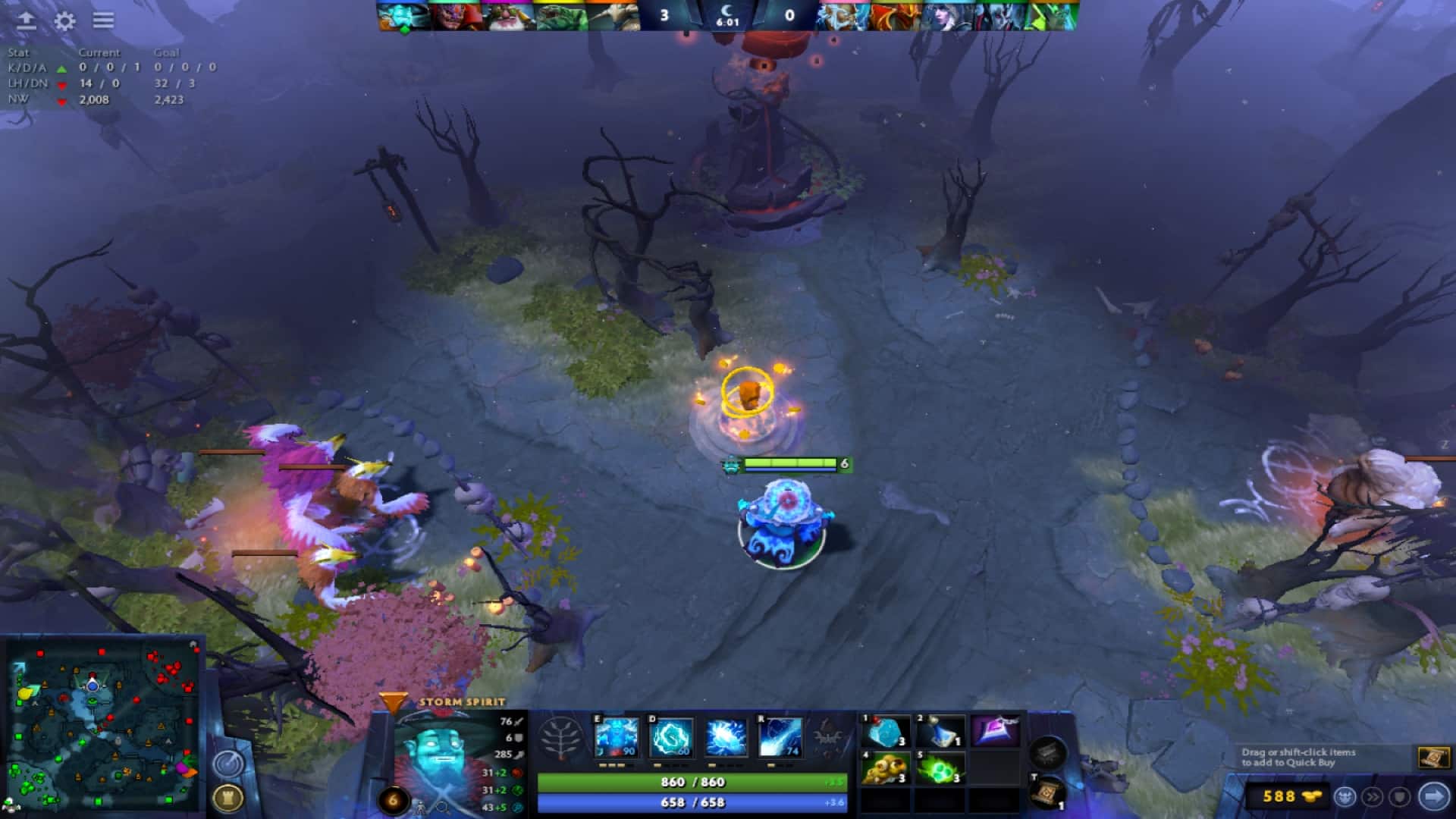 Storm Spirit about to bottle a bounty rune during early game in Dota 2 
