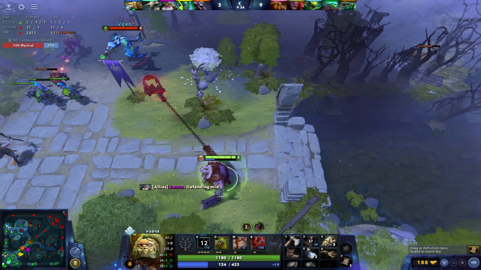 Pudge uses Hood of Defiance for magic resistance against Viper during early game in Dota 2