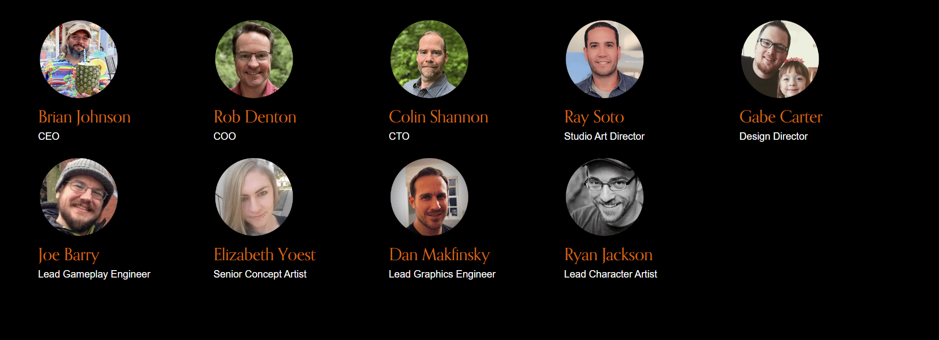 Headshots of all of the team members of Loric Games