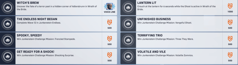 Eight event objectives frfom Overwatch 2's "Wrath of the Bride" event