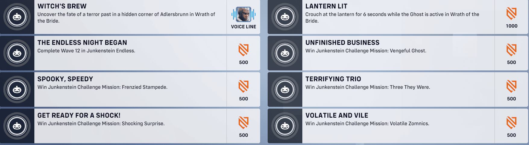 Eight event objectives frfom Overwatch 2's "Wrath of the Bride" event