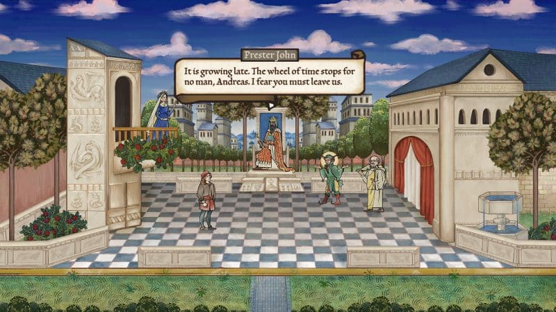A screen grab from Pentiment of some of Tassing's citizens engaging in conversation, appearing in written speech bubbles
