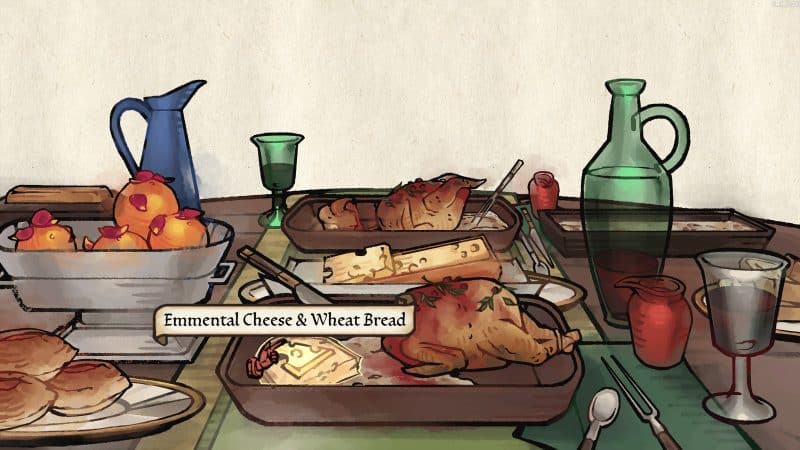 Emmental cheese, wheat bread and roast chicken on display in Pentiment's folksy art style