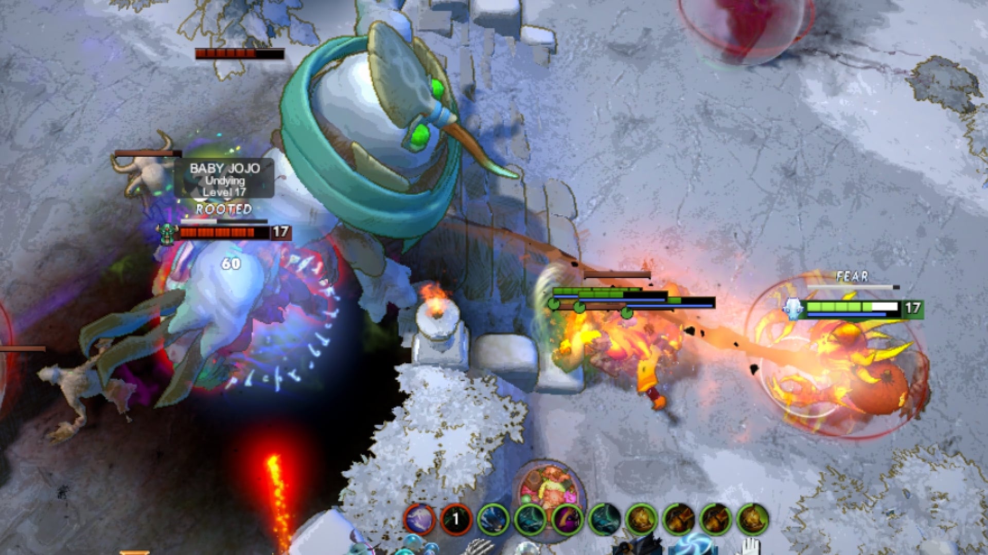 Ancient Apparition attacks a Taffy Guardian in a Diretide match