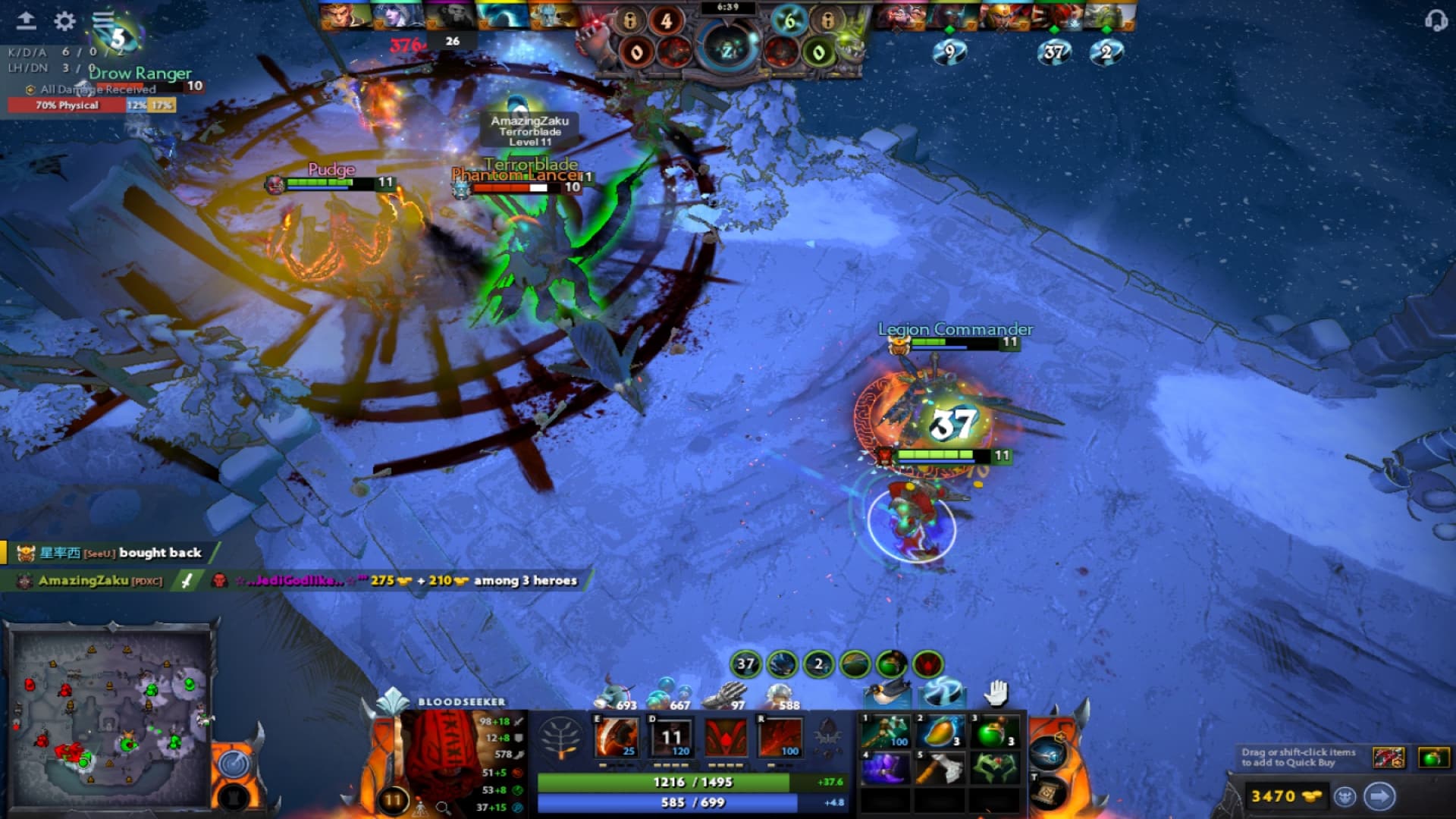 Bloodseeker uses Force Staff to enter a battle in Diretide