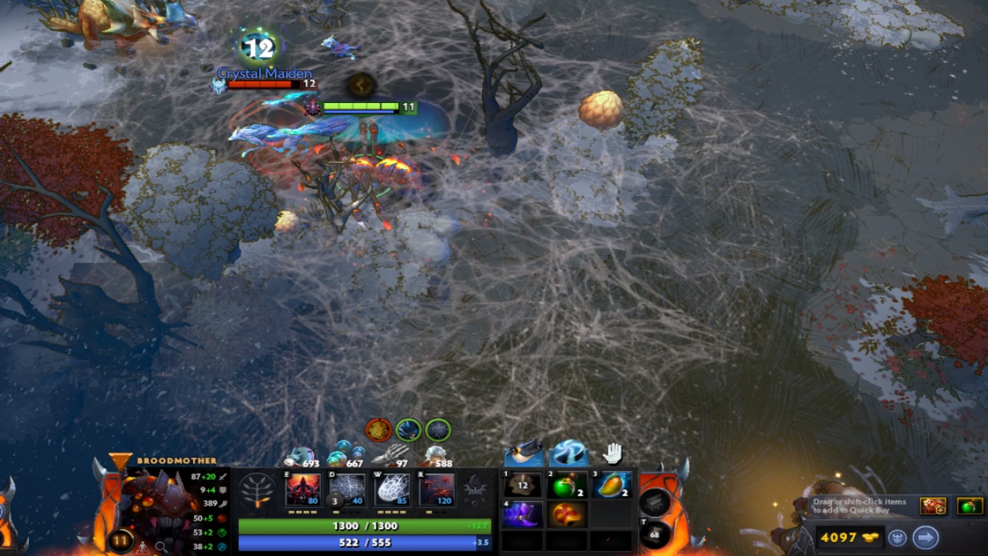 Broodmother buys Medallion of Courage to reduce armor of enemies in Diretide