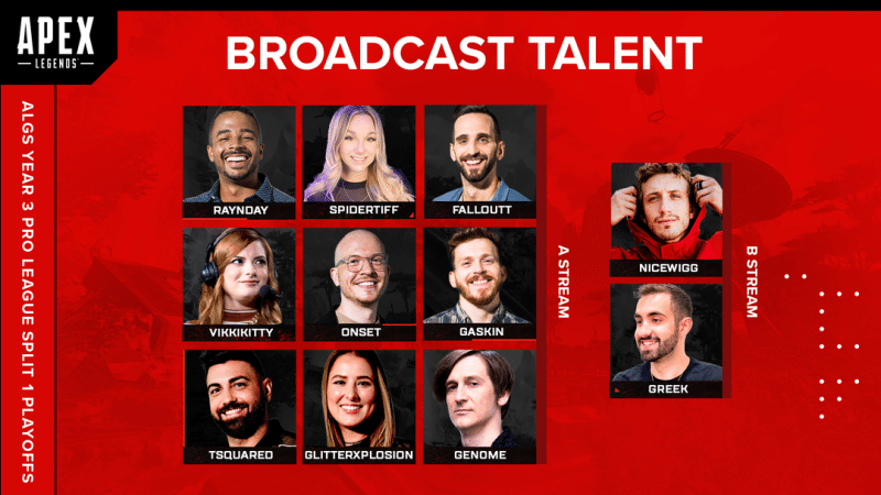 11 casters will be providing English coverage of the ALGS Year 3 Split 1 Playoffs.