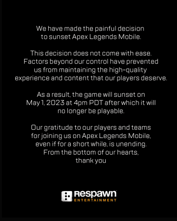 Respawn Entertainment has made the painful decision to shut down Apex Legends Mobile. 