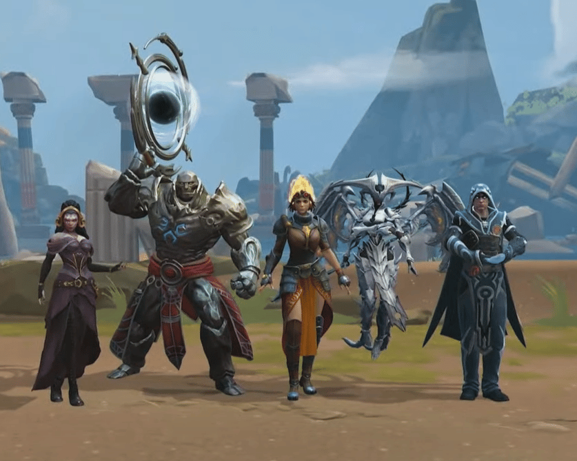 Atlas from SMITE as Karn, standing among the five other skins revealed