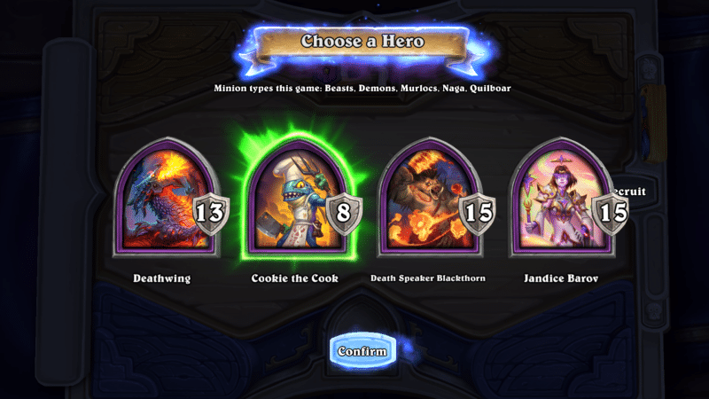 hero selection screen with Cookie the Cook in Hearthstone Battlegrounds Season 3