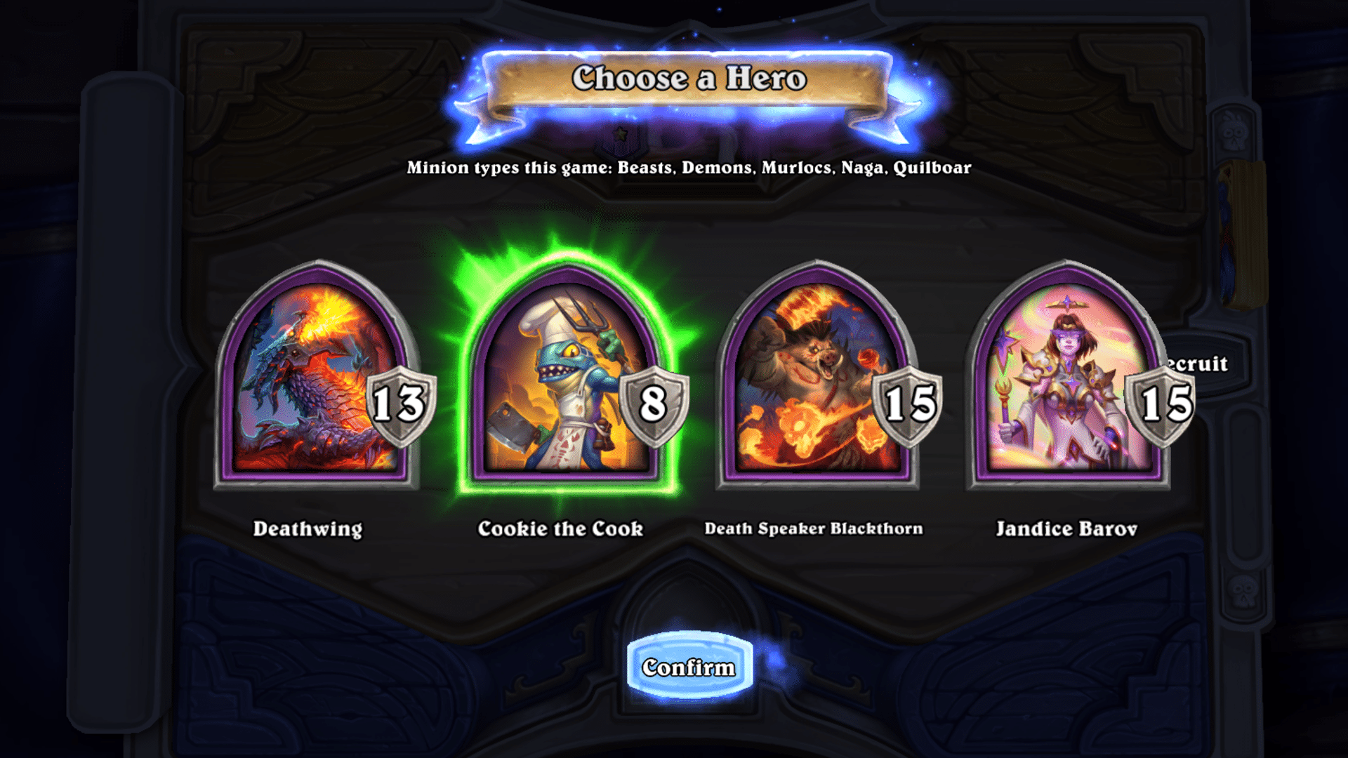 hero selection screen with Cookie the Cook in Hearthstone Battlegrounds Season 3