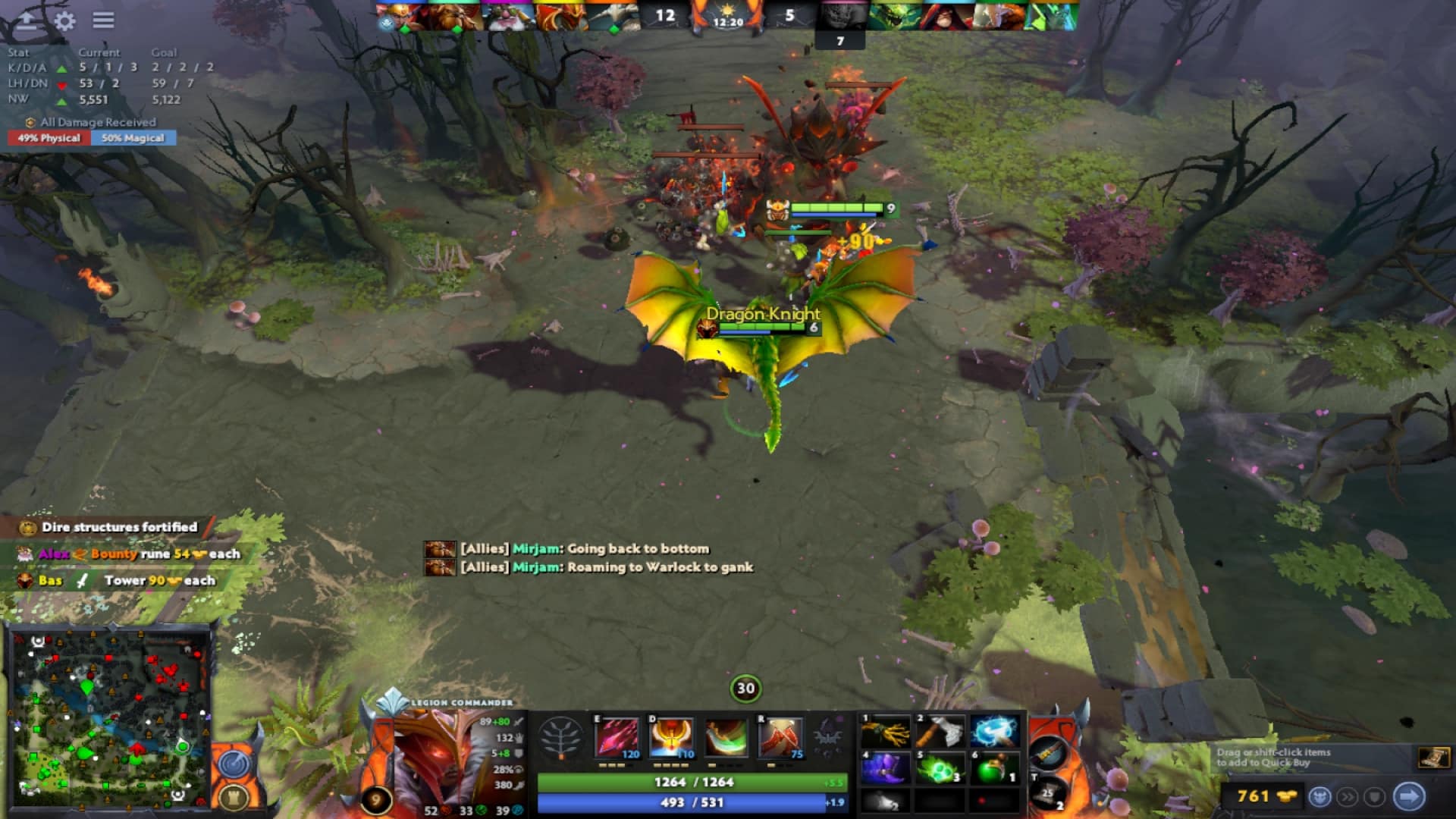 Dragon Knight destroys an enemy tower with Legion Commander