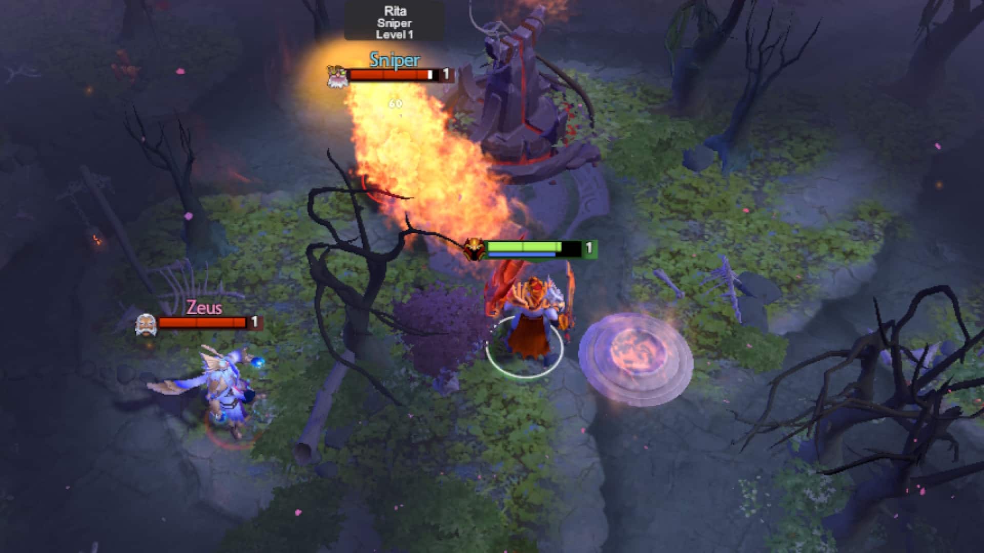 Dragon Knight uses Breathe Fire to deal damage to Sniper