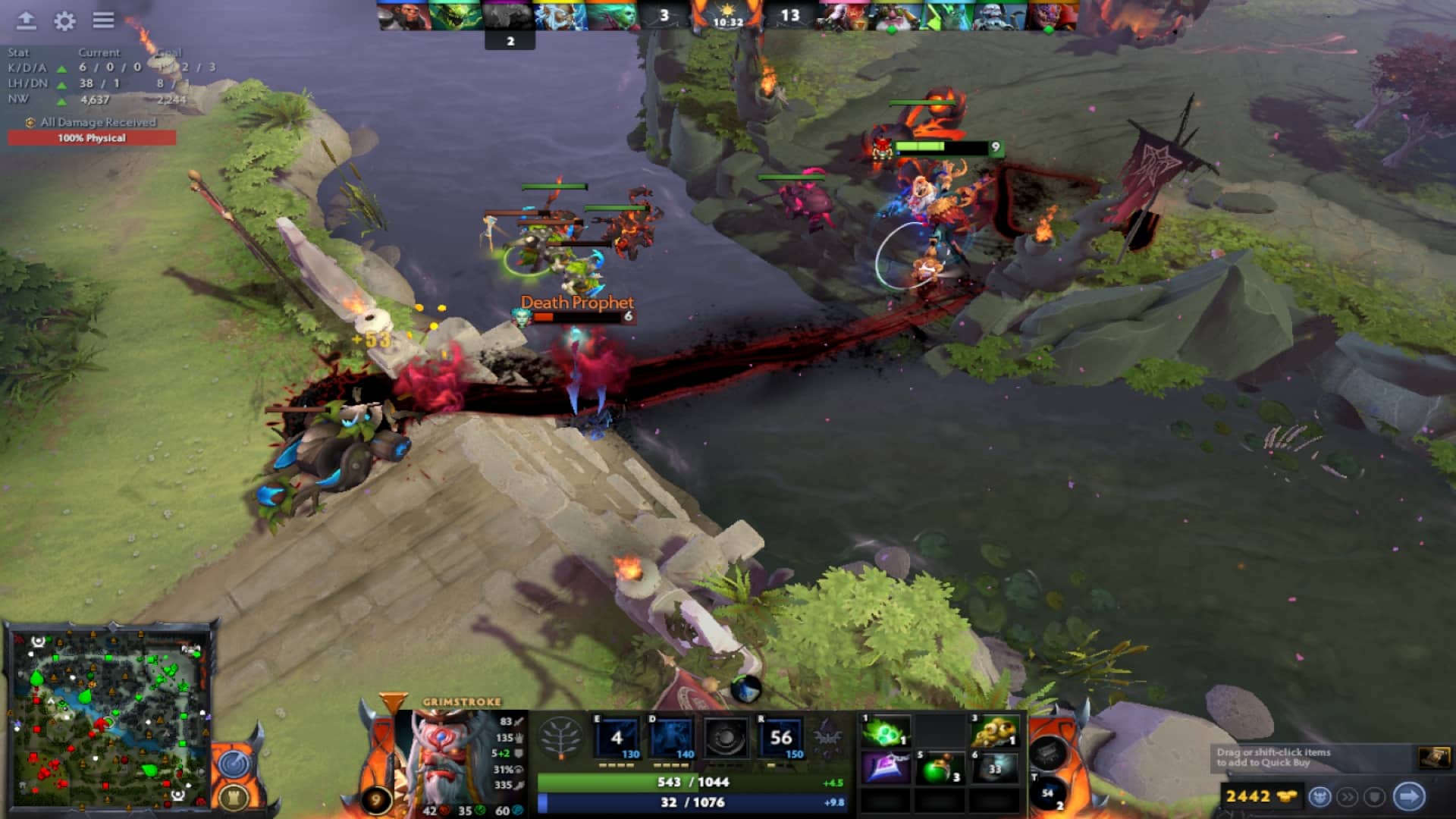 Grimstroke uses Stroke of Fate to hit his enemies in the mid lane