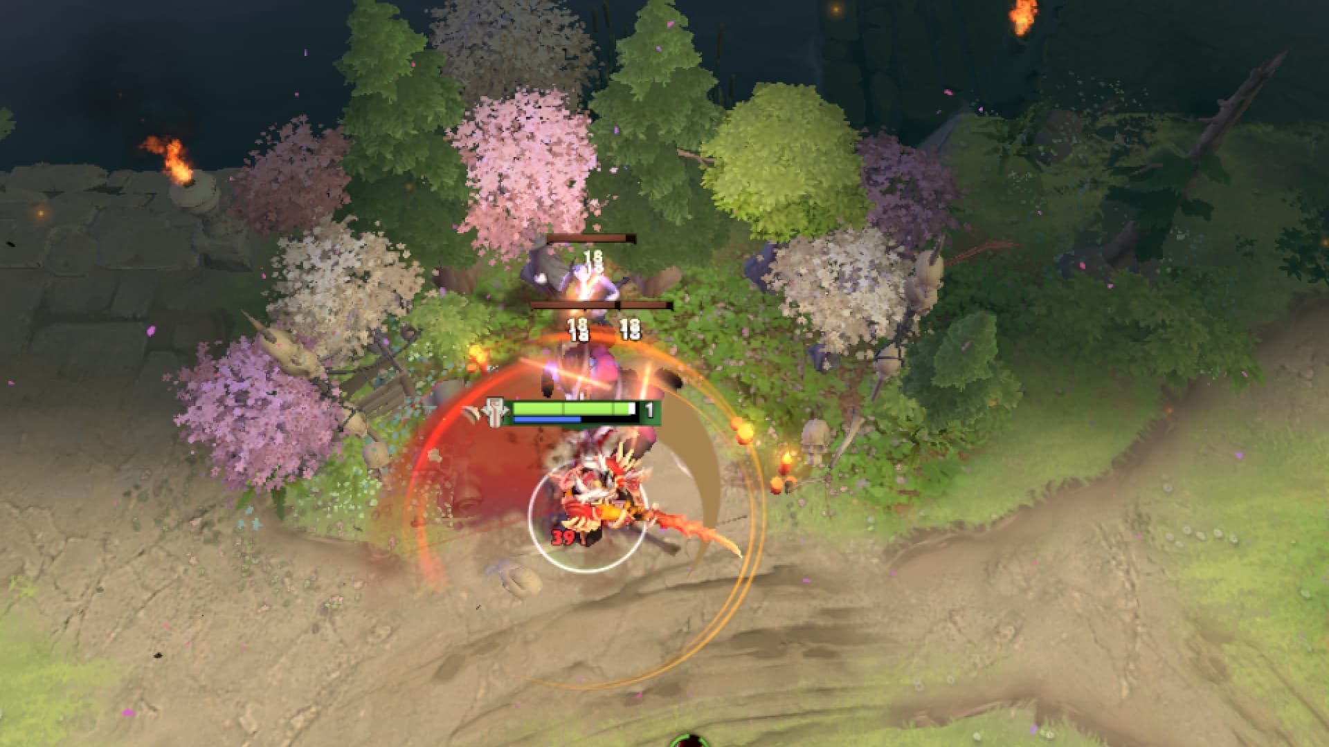 Juggernaut slashes neutral creeps using Blade Fury