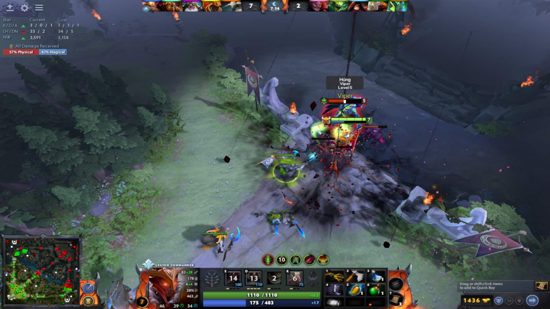 Legion Commander attacks viper in the mid lane using Overwhelming Odds