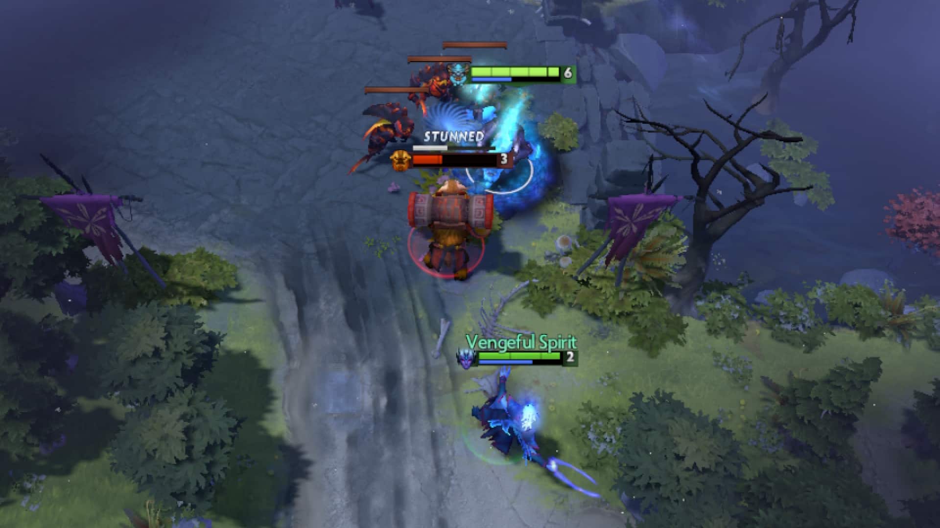 Spirit Breaker stuns a Strength enemy in the bottom lane