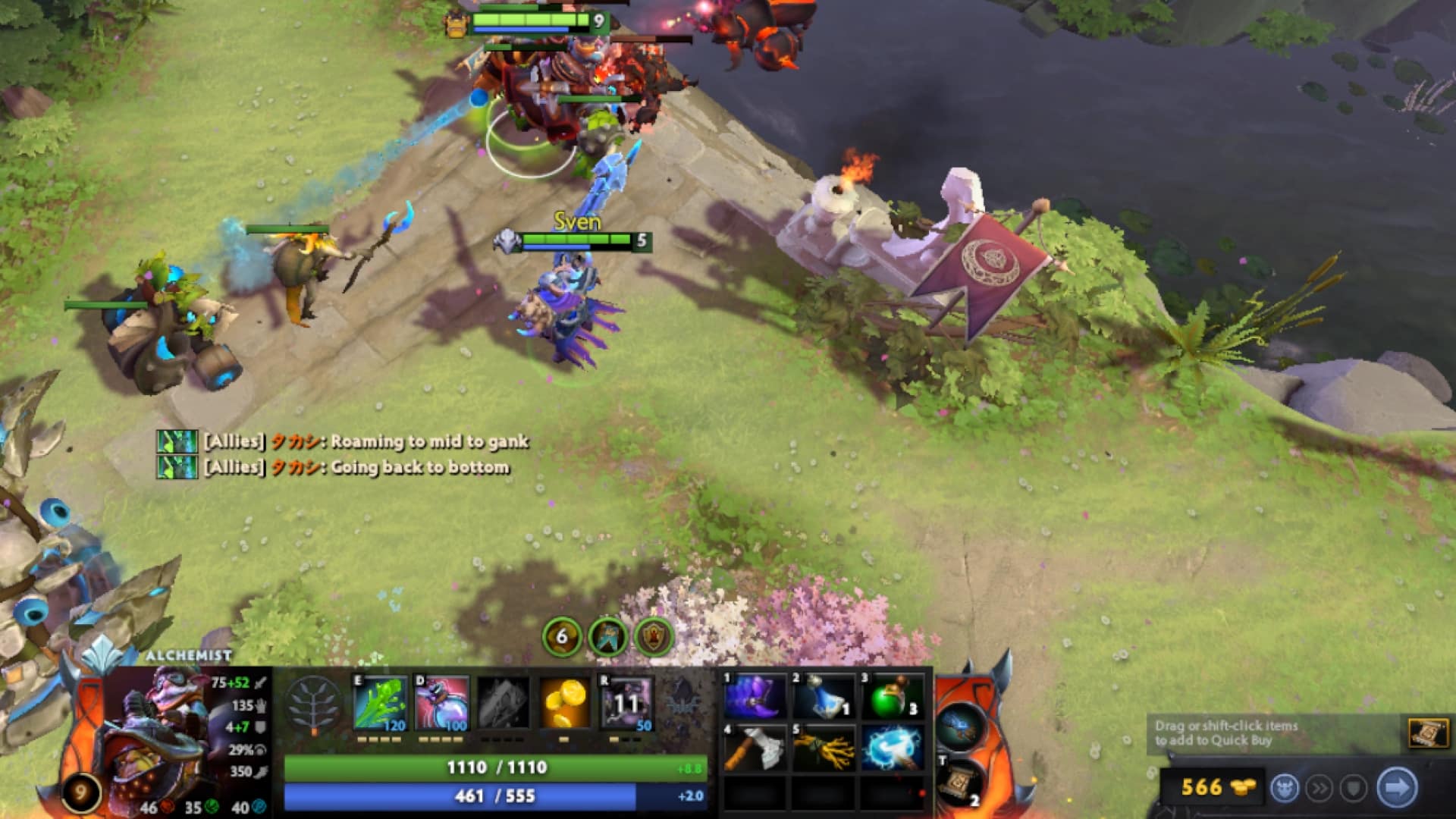 Alchemist equips the neutral item, Duelist Gloves, to hit enemy units