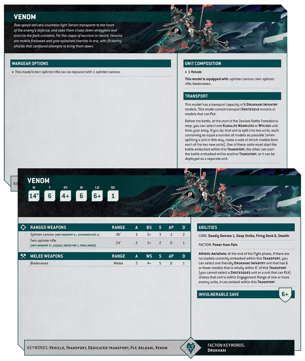 Warhammer 40k Drukhari Faction Focus Venom datasheet
