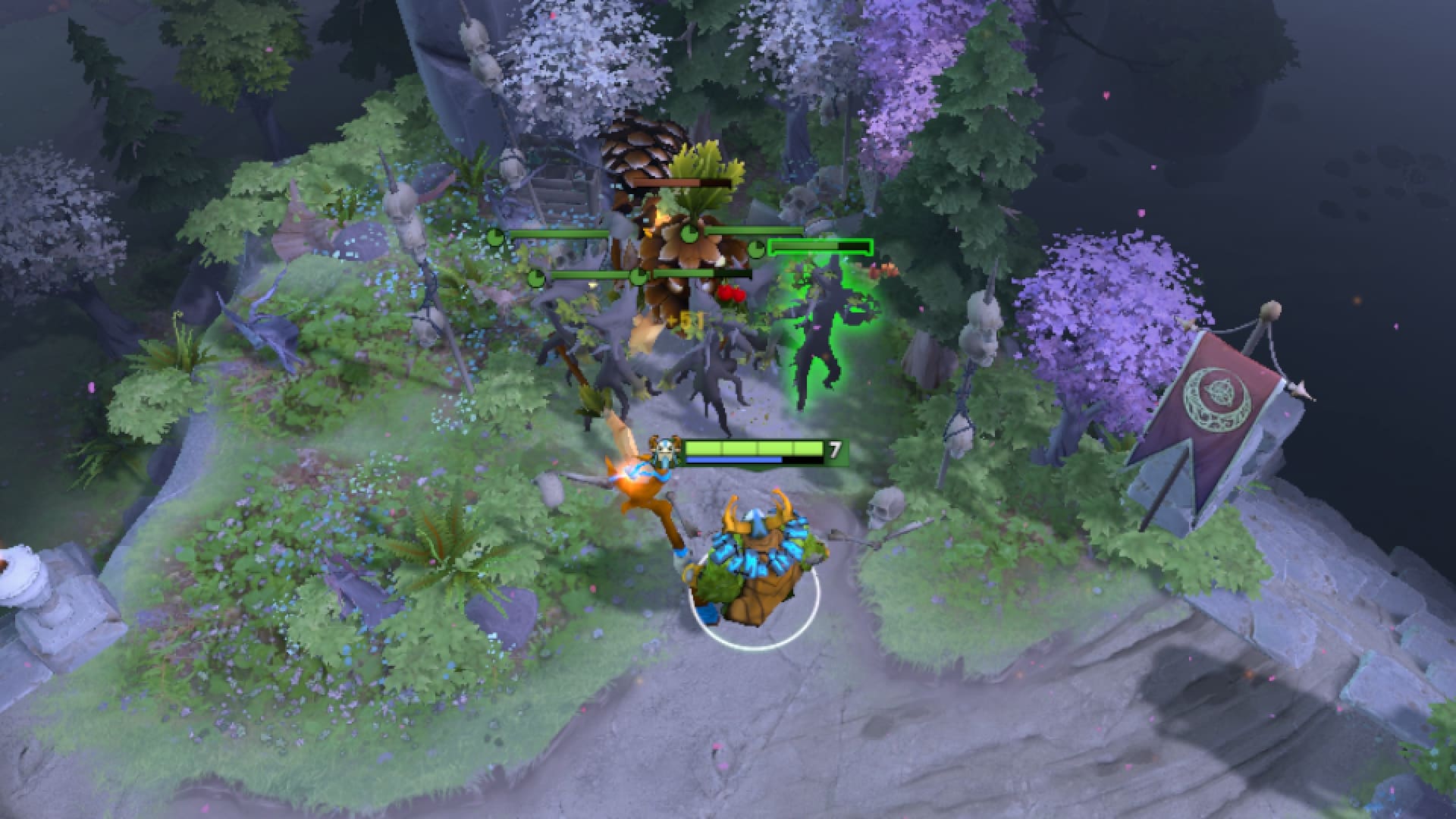 Nature's Prophet hits a neutral creep camp near a Watcher