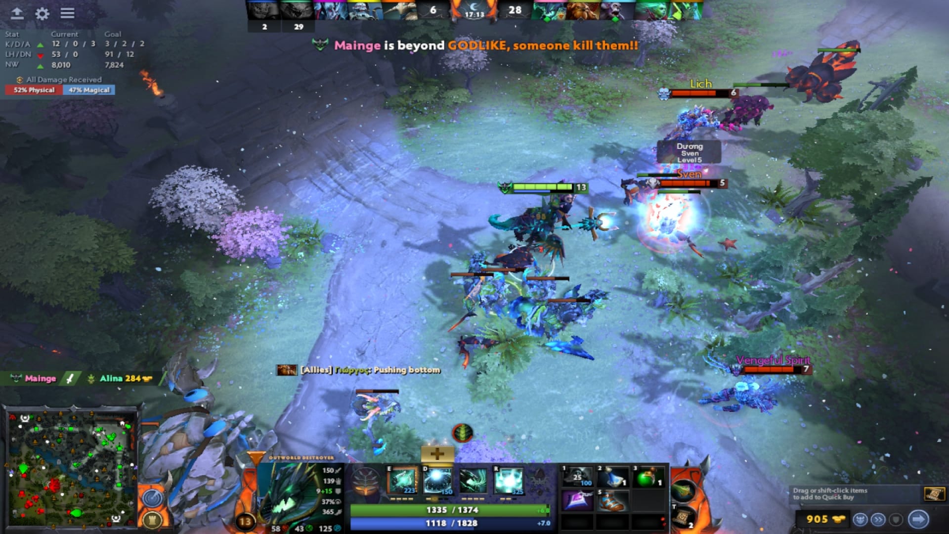 Outworld Destroyer fights enemies in the mid lane with a Shiva's Guard