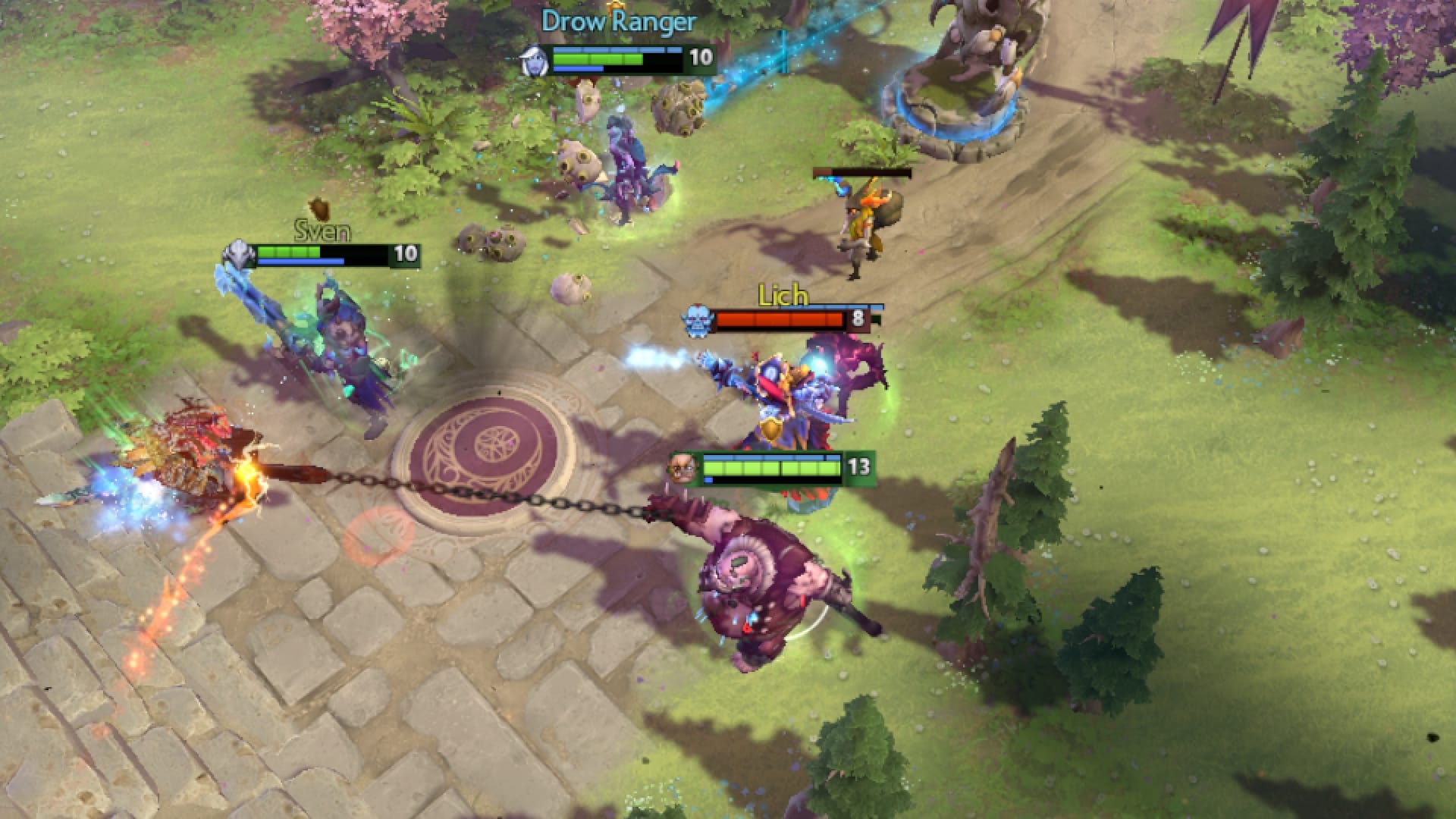 Pudge hooks an enemy hero after activating Barrier with Pipe of Insight