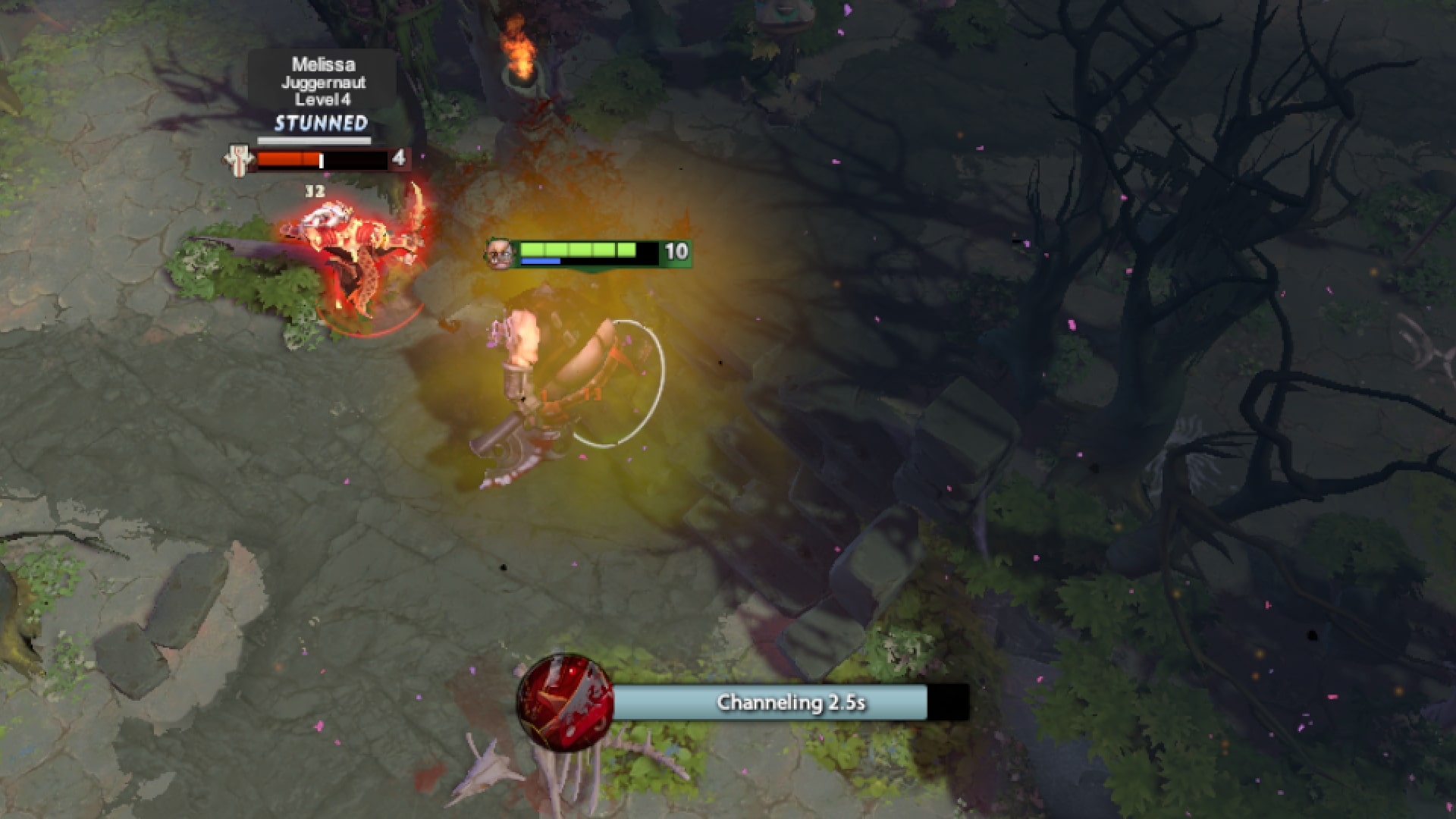 Pudge uses a Blink Dagger to kill an enemy in the forest