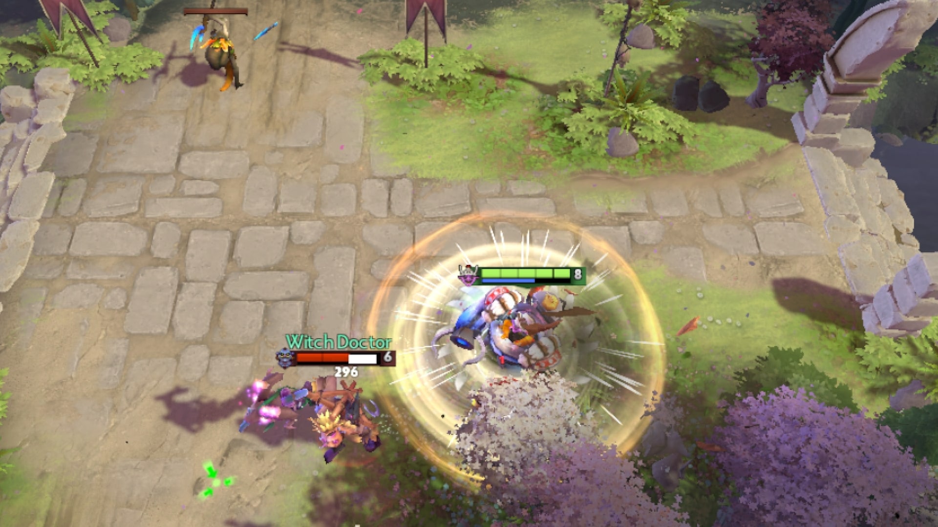 Timbersaw attacks an enemy hero in the top lane using Whirling Death to deal Pure damage