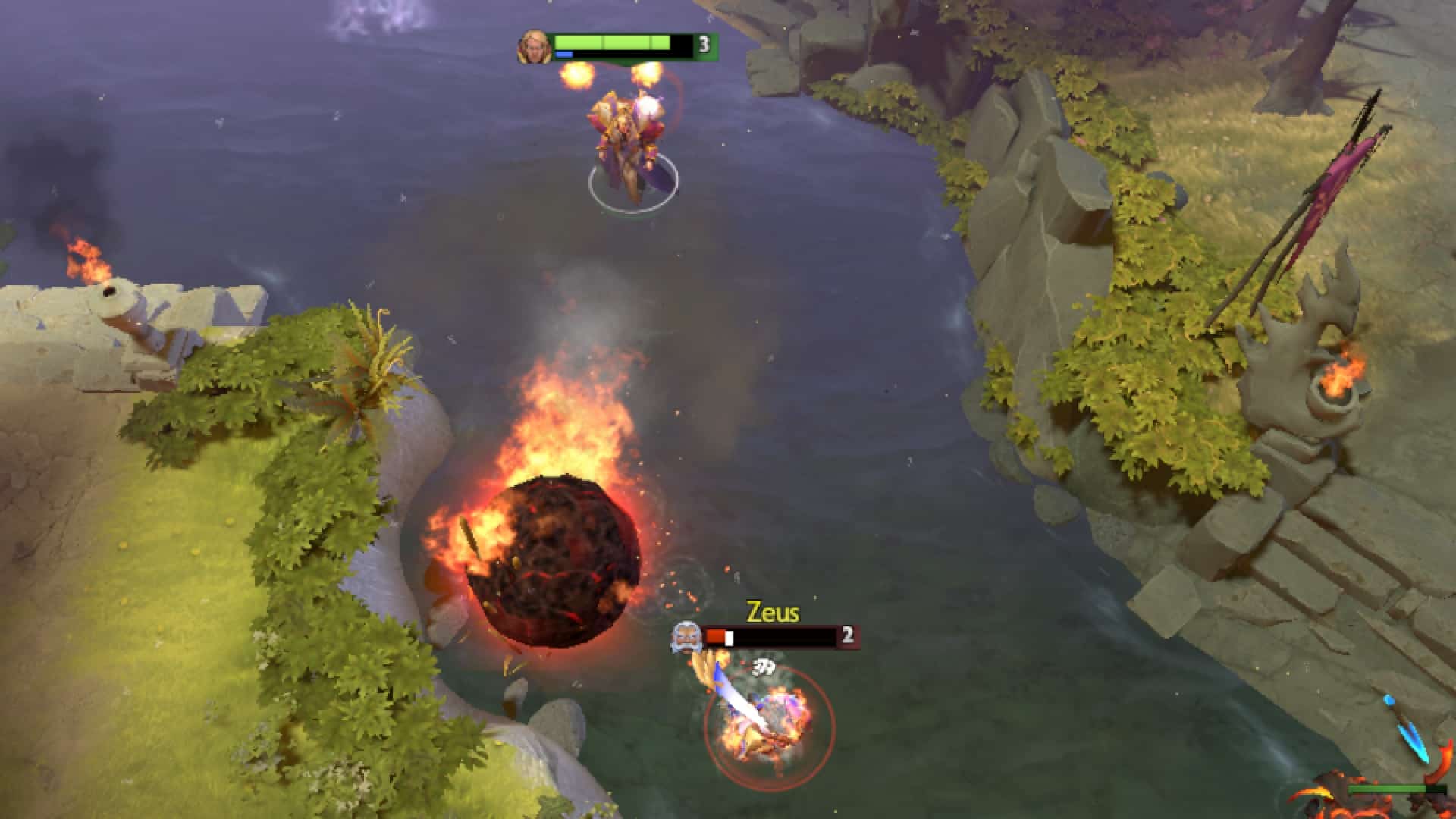 Invoker summons a Chaos Meteor to hit a ranged hero