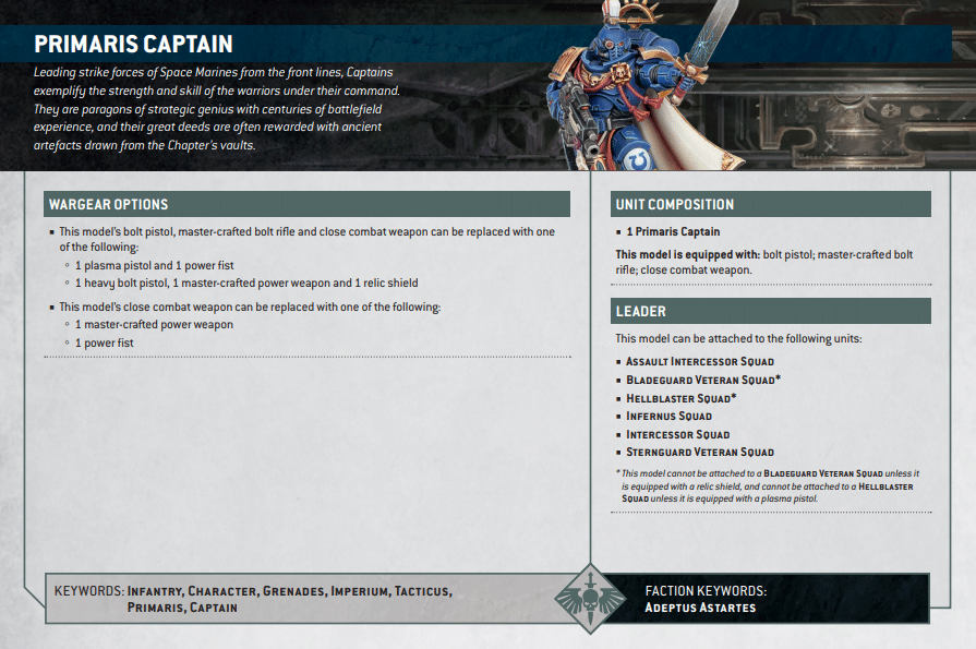 Warhammer 40k Space Marine Datasheets Primaris Captain
