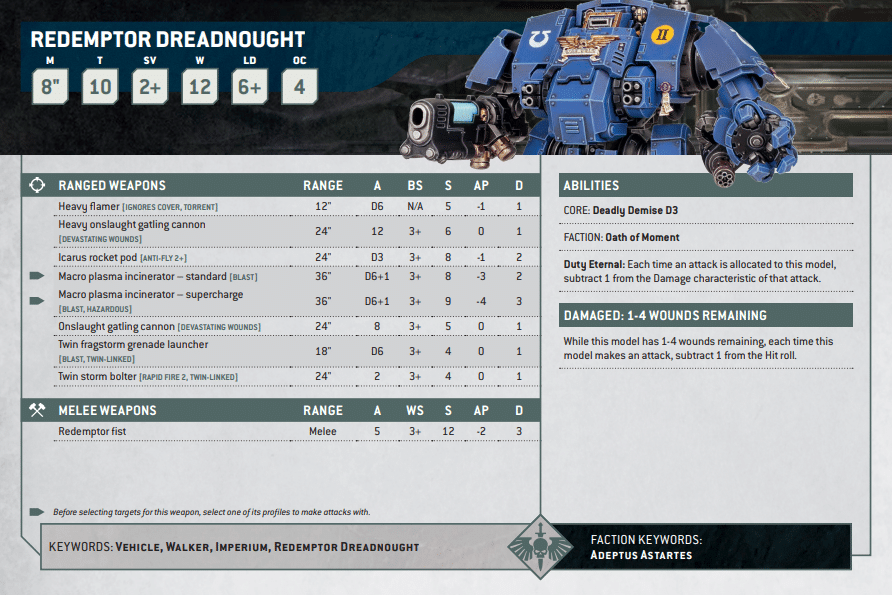 Warhammer 40k Space Marine Datasheets Redemptor Dreadnought