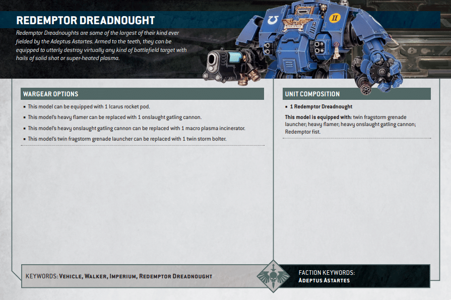 Warhammer 40k Space Marine Datasheets Redemptor Dreadnought