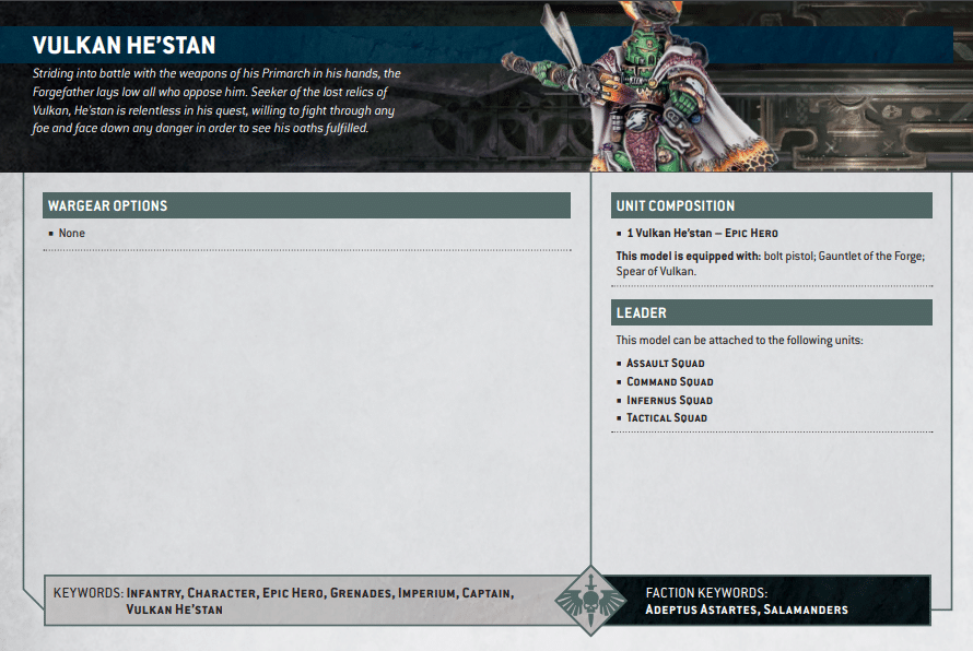 Warhammer 40k Space Marine Datasheets Vulkan Hestan