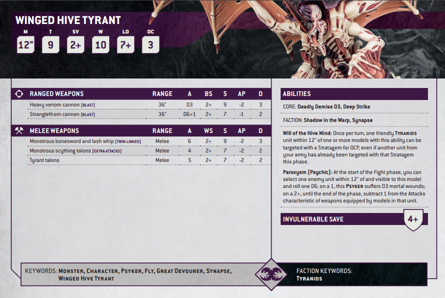 Warhammer 40k Tyranids Datasheets Winged Hive Tyrant Datasheet