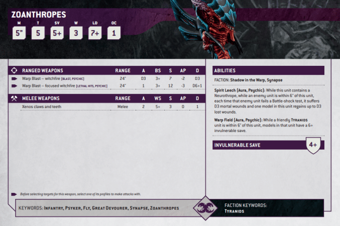 Warhammer 40k Tyranids Datasheets Zoanthrope Datasheet