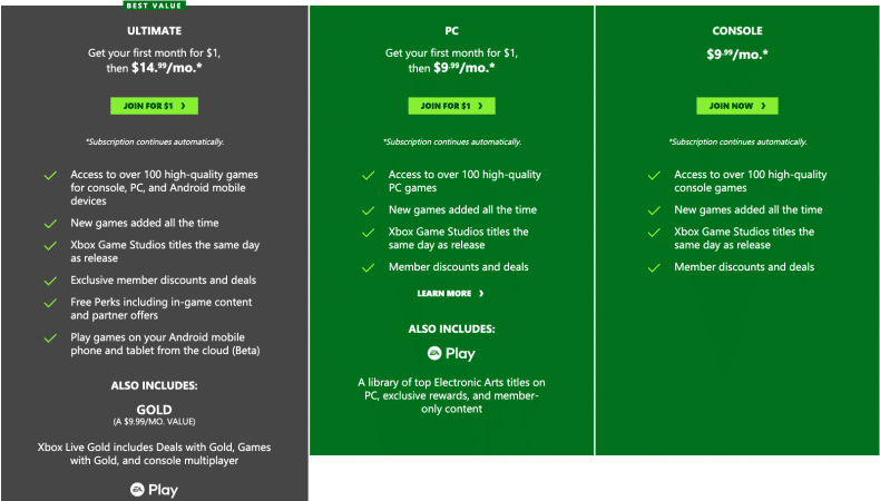 xbox game pass plans