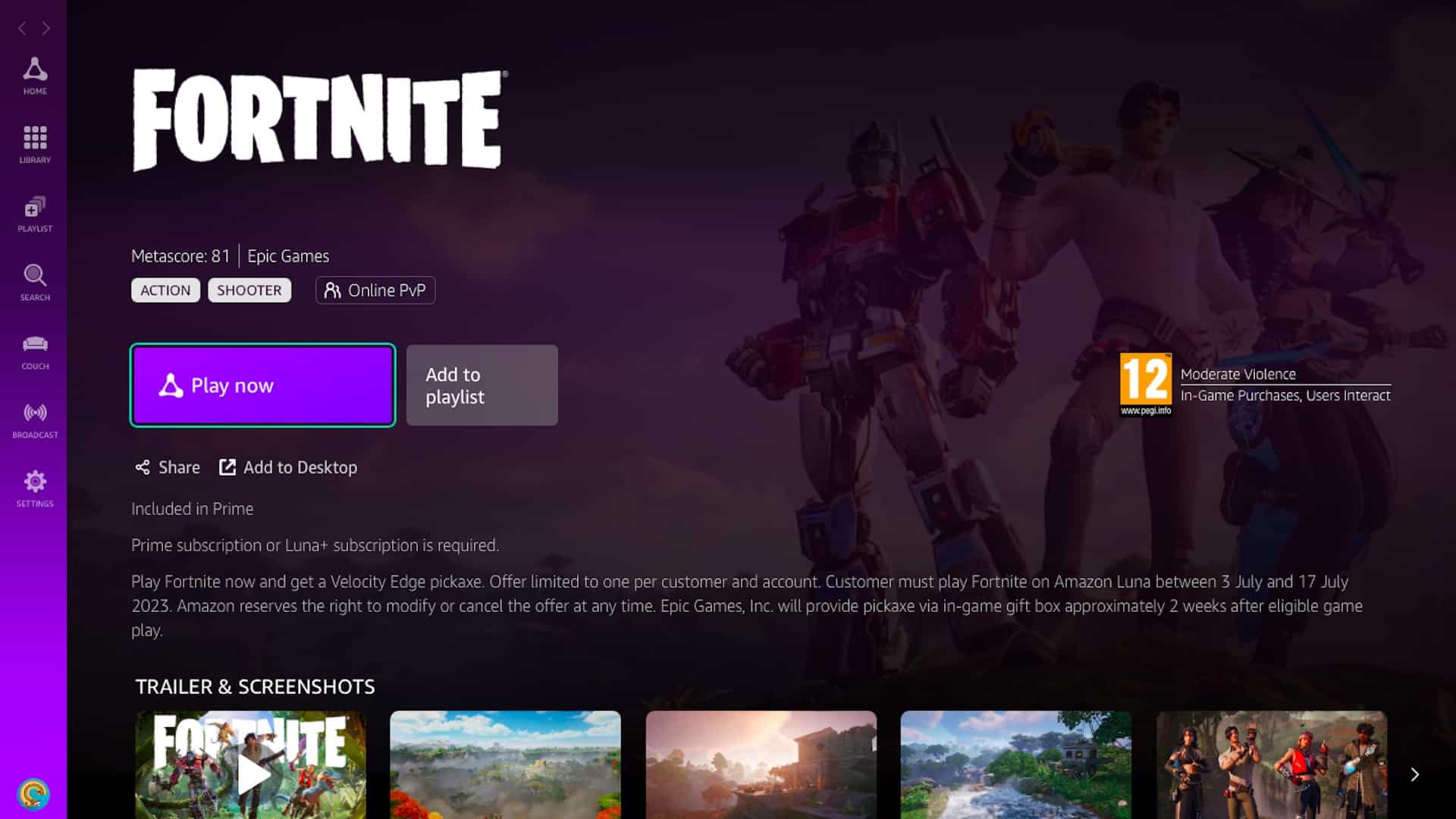 Fortnite Amazon Luna Pickaxe