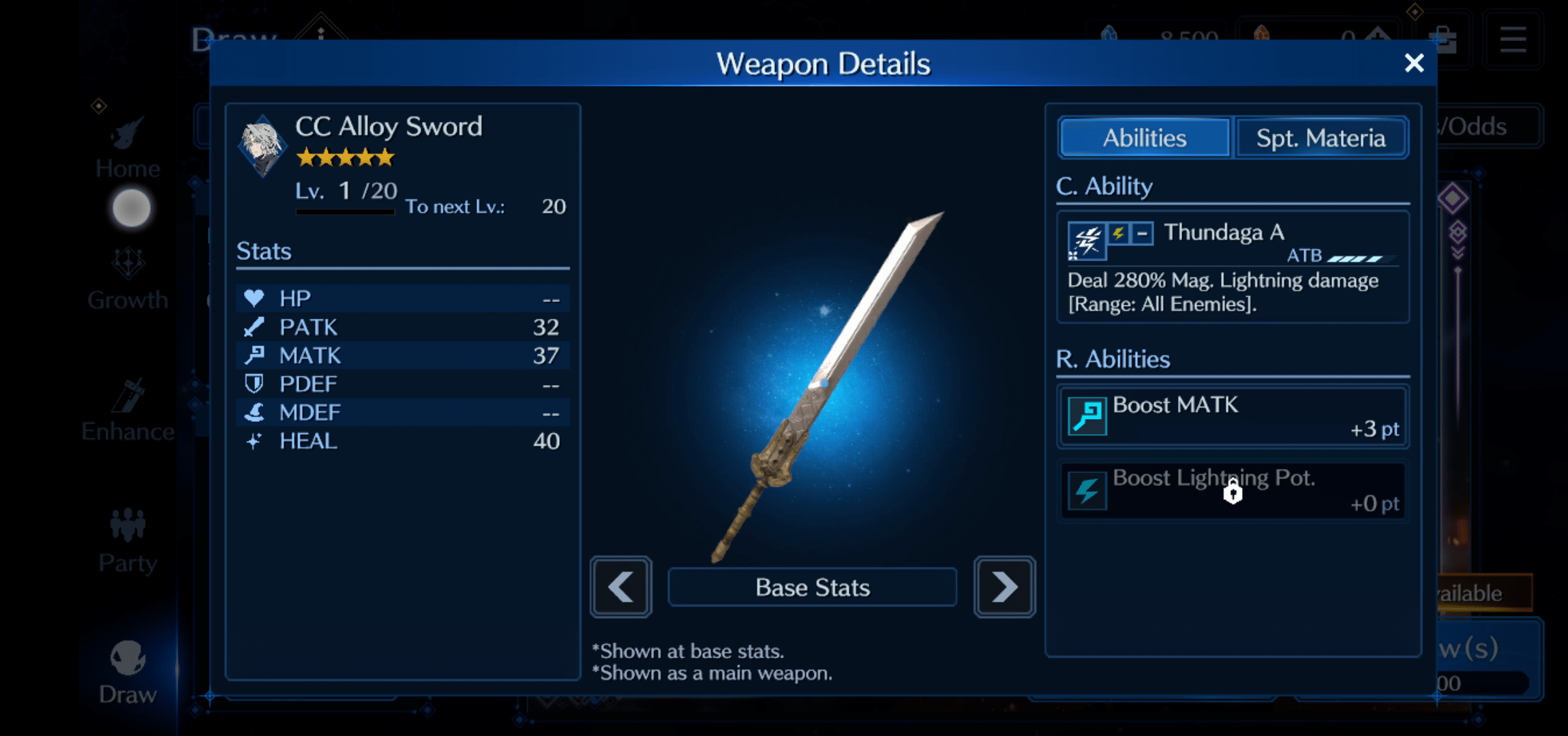 CC Alloy Sword is a solid Lightning damage option and arguably Sephiroth's second-best main-hand weapon.