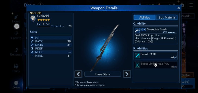 Glaireid is a very underwhelming weapon for Sephiroth. 