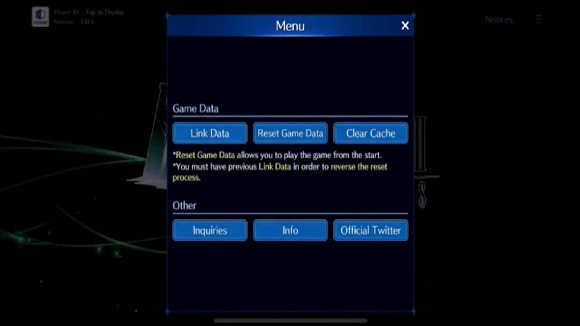 Reset Game Data to reroll your account without having to download the game again.