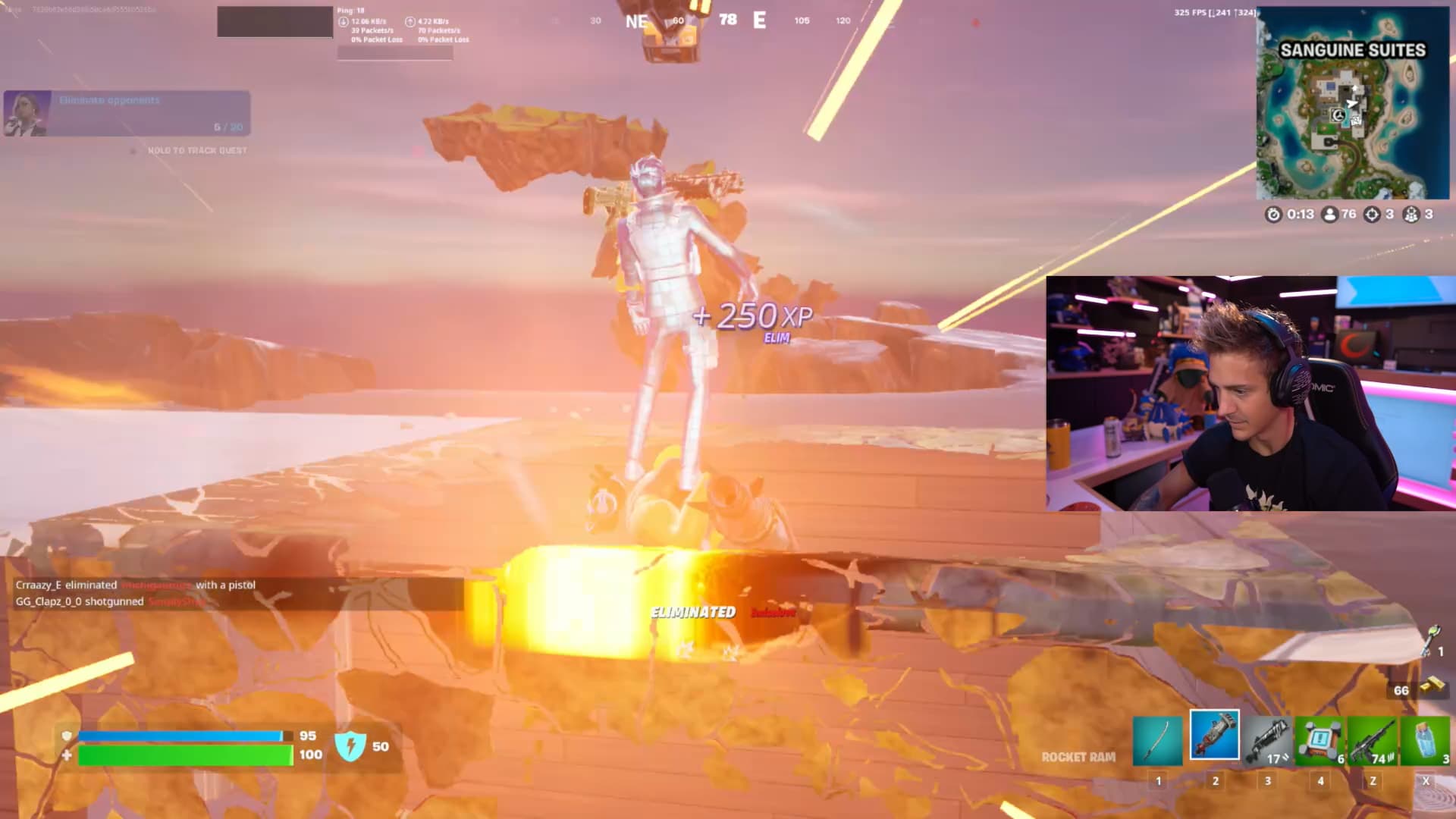 Ninja gets 2 back-to-back kills in Fortnite, where one was using a Rocket Ram